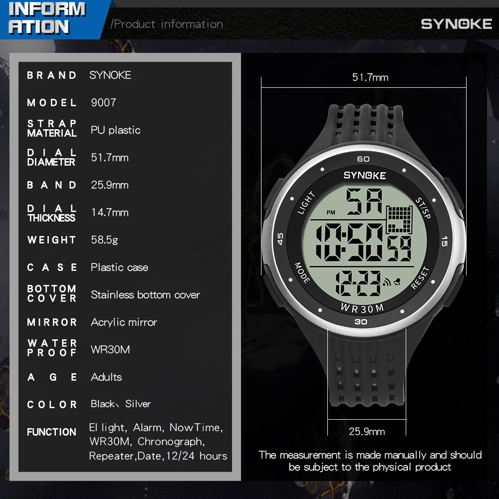 SYNOKE мужские спортивные часы фирменные цифровые наручные электронные 30 м