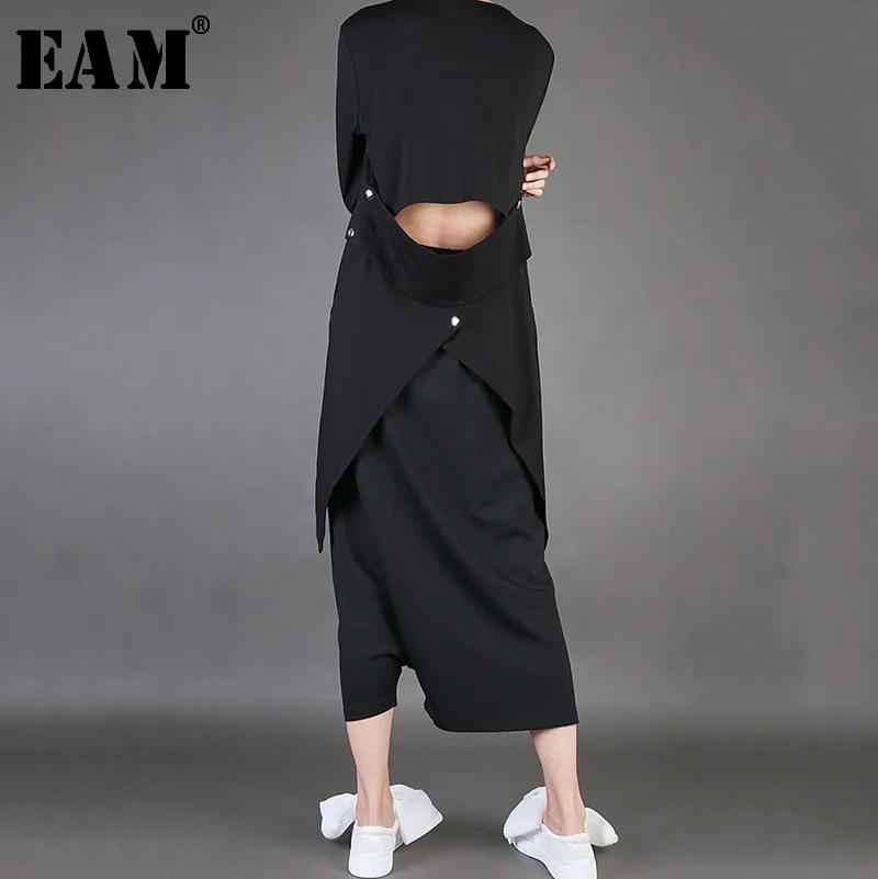 [EAM] женский, Черный Асимметричный открытая футболка свободного покроя для девочек, комплект из платья с круглым вырезом модная одежда с длинными рукавами; Демисезонный JL917