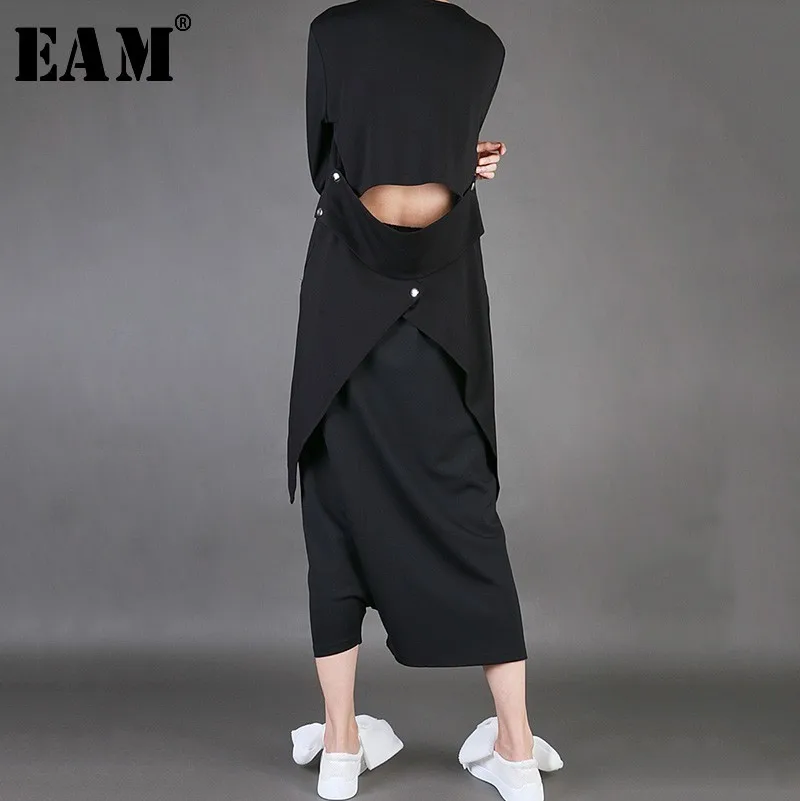 

[EAM] Women Black Asymmetrical Hollow Out Loose T-shirt New Round Neck Long Sleeve Fashion Tide Spring Autumn 2020 JL917