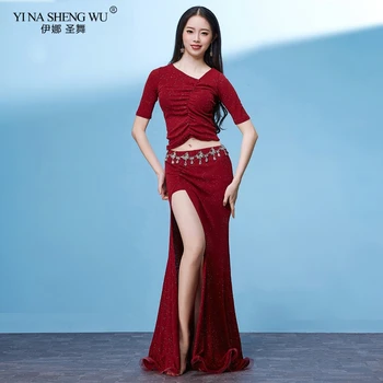 

Belly Dance Practice Clothes Beginner Oriental Dancing Performance Costume Women Spring New Dance Wear Puckering Top Skirt Set