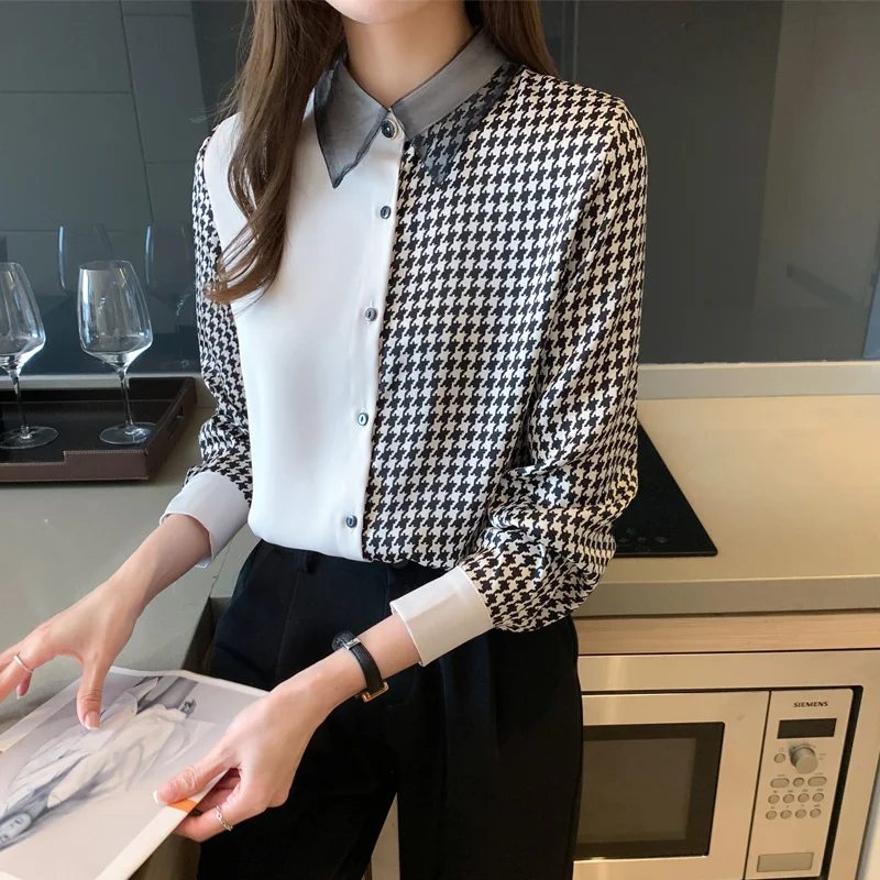 Oficina de manga larga dama de costura de satén seda de las mujeres, Camisas de mujer mil pájaro Harajuku top blusa elegante camisa 801F|Camisa| - AliExpress