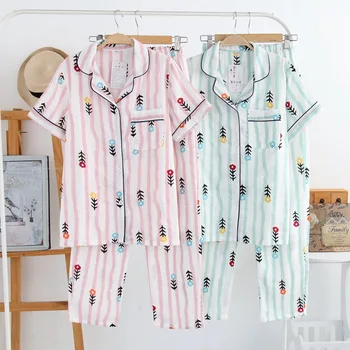 

Light Color Fresh Stripes Cotton Pajamas Sets Women 100% Gauze Cotton Bear Print Short Sleeves Sleepwear Female Pyjamas Trousers