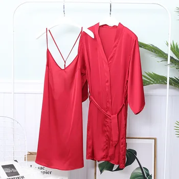 

Lady Kimono Robe Gown Intimate Lingerie 2PCS Sleep Set Satin Silky Nightwear Nighty&Robe Suit Casual Spaghetti Strap Nightdress