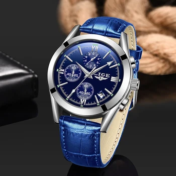 

LIGE New Men Watch Top Brand Blue Leather Chronograph Waterproof Sport Automatic Date Quartz Watches For Mens Relogio Masculino