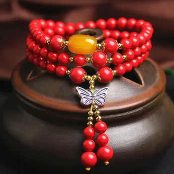 

108 South Red Agate Bead Bracelet Women Natural Stone Mala Necklace Buddhist Prayer Rosary Butterfly Bracelet Buddha Meditation