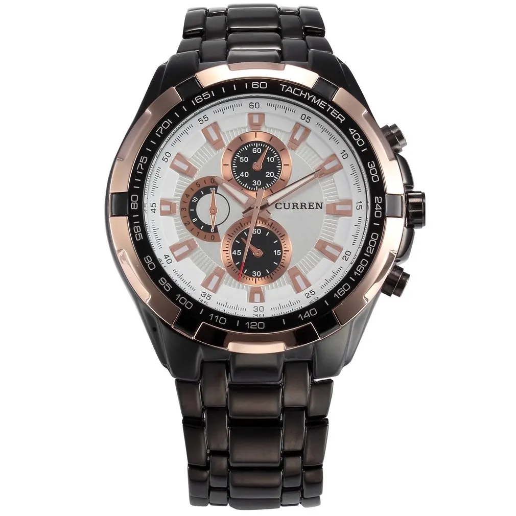 

8023 black shell black surface black steel belt three-eye quartz watch