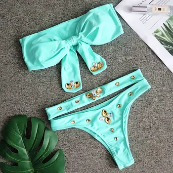 

Women's Swimsuit Bikinis 2019 Woman Separate Female Bikini New Green That Wipe Bosom Sexy Diamond Crystal High Waisted Solid
