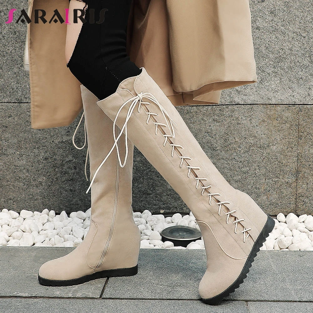 

SARAIRIS Large Size 33-43 New Dropship Mid Calf Boots Women Lady Wedges High Heels Shoes Woman Cross Tied Non-slip Winter Boots