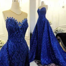 

Sparkling Sequins Royal Blue Prom Dress Mermaid Detachable Train Sheer Neck Plus Size Evening Party Gowns robe de soiree