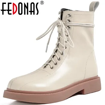 

FEDONAS Cross Tied Motorcycle Boots 2020 Autumn Winter Chunky Heels Shoes Woman Heels Genuine Leather Party Basic Ankle Boots