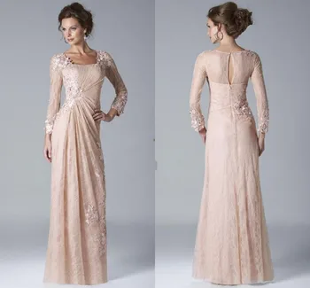

Elegant A-Line Square Neck Pleats Long Sleeve Lace Appliqued Mother of the Bride Dress Formal Floor Length Evening Dress Gown