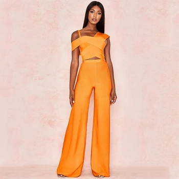 

Newest Bandage Suits Women Two Pieces Sets One-Shoulder Tops&Pants Sexy Celebrity Party Full Length Pants Women Sets Vestidos