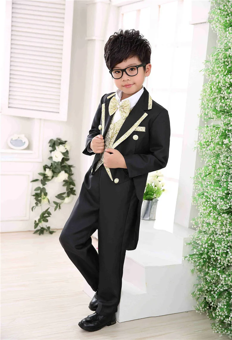 От 3 до 12 лет костюм-смокинг для мальчика фортепианных выступлений костюм Свадебные костюмы для мальчиков 6 шт./компл. куртка+ жилет+ рубашка+ ремень+ штаны+ галстук-бабочка, 4 варианта дизайна, Размер от 100 до 160 - Цвет: black gold