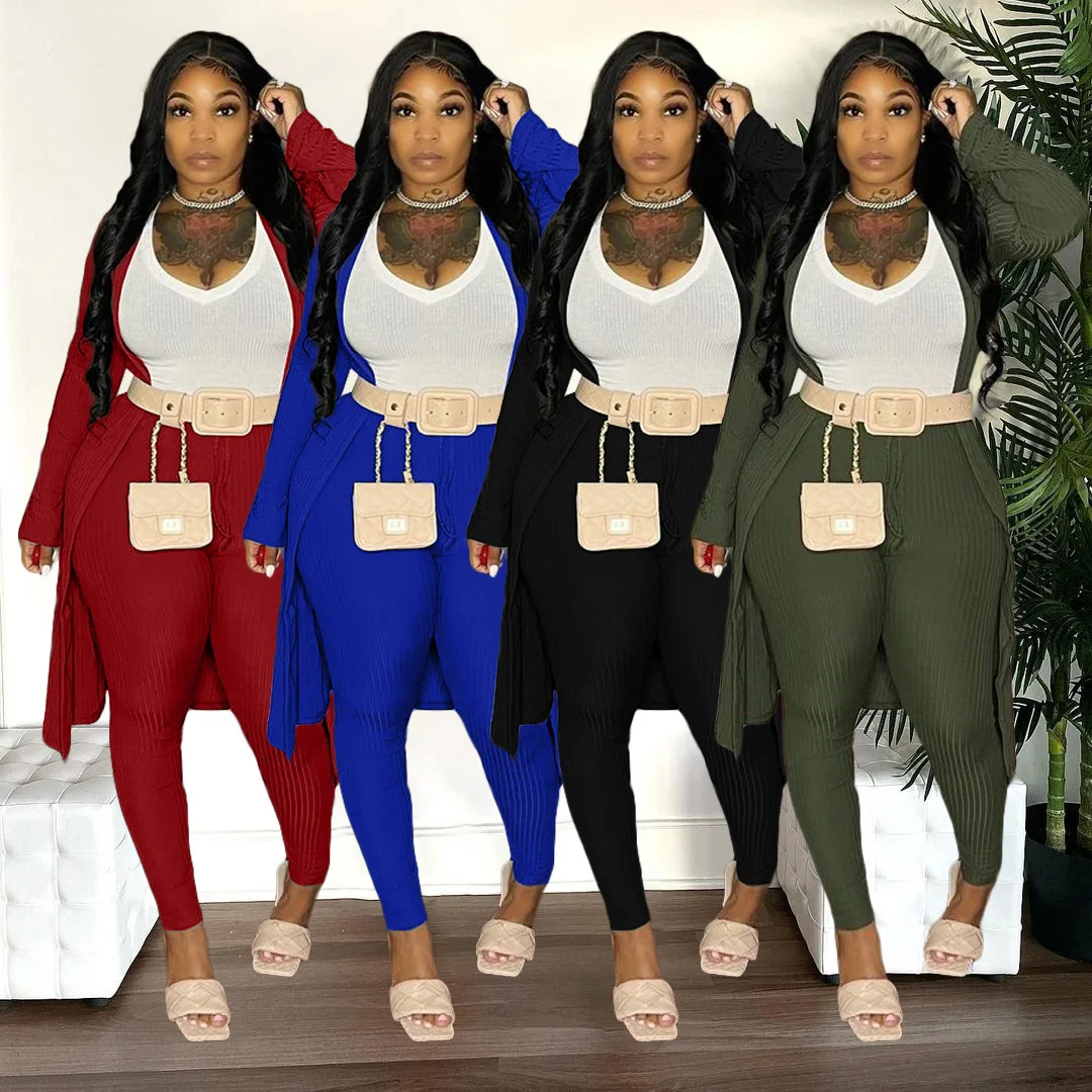 

Casaul Women 3 Piece Set Long Coat + Shirt + Long Pants Knit Ribbed Sportsuit Winter Clothes For Women Outfit