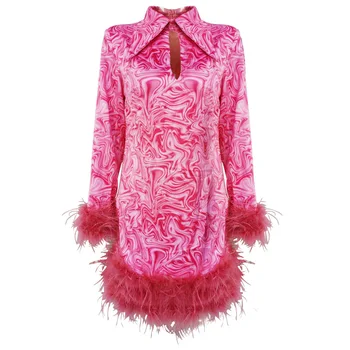

HIGH QUALITY Newest 2020 Designer Runway Dress Women's Gorgeous Floral Print Feather Embellished Dress