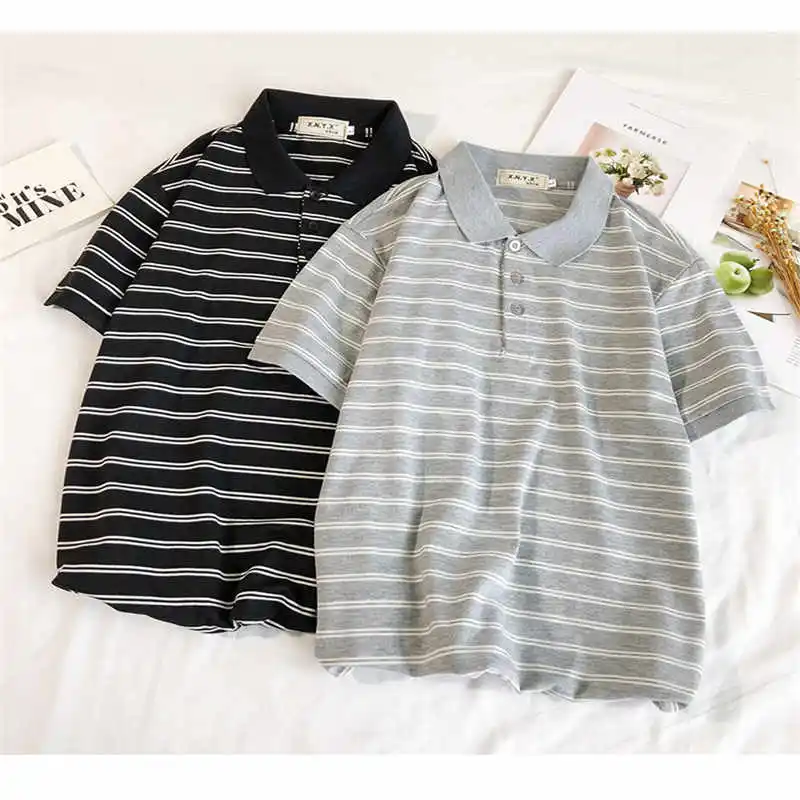 

2021 Summer Funny Students All-Match Brief Striped T-shirt Fashion Turn-Down Neck Couples Clothes Harajuku Hip Hop Streetwear