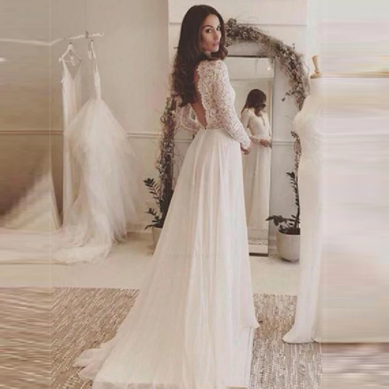 NUOXIFANG Robe De Mari�e 2020 vestidos Lace Wedding Dress with Long Sleeves A-line V-Neck Backless Chiffon Beach Wedding Dress