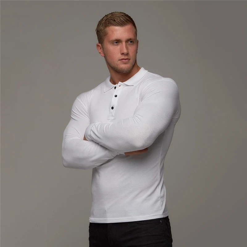 Новая брендовая хлопковая дышащая мужская рубашка поло для фитнеса, мужская хлопковая рубашка с длинным рукавом, брендовая одежда, осенние мужские рубашки поло - Цвет: Белый