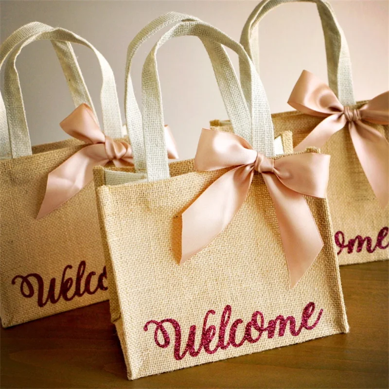 

100Pcs/Lot Durable Burlap Tote Jute Bag with Bow Recycled Natural Cute Fashion Style Grocery Beach Bag with CustomizedLogo