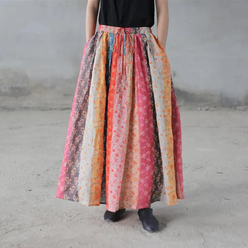 

Johnature Pleated Fashion Vintage Floral Print Pockets Cotton Linen Long Half Skirt 2019 New Autumn Simple All-match Women Skirt