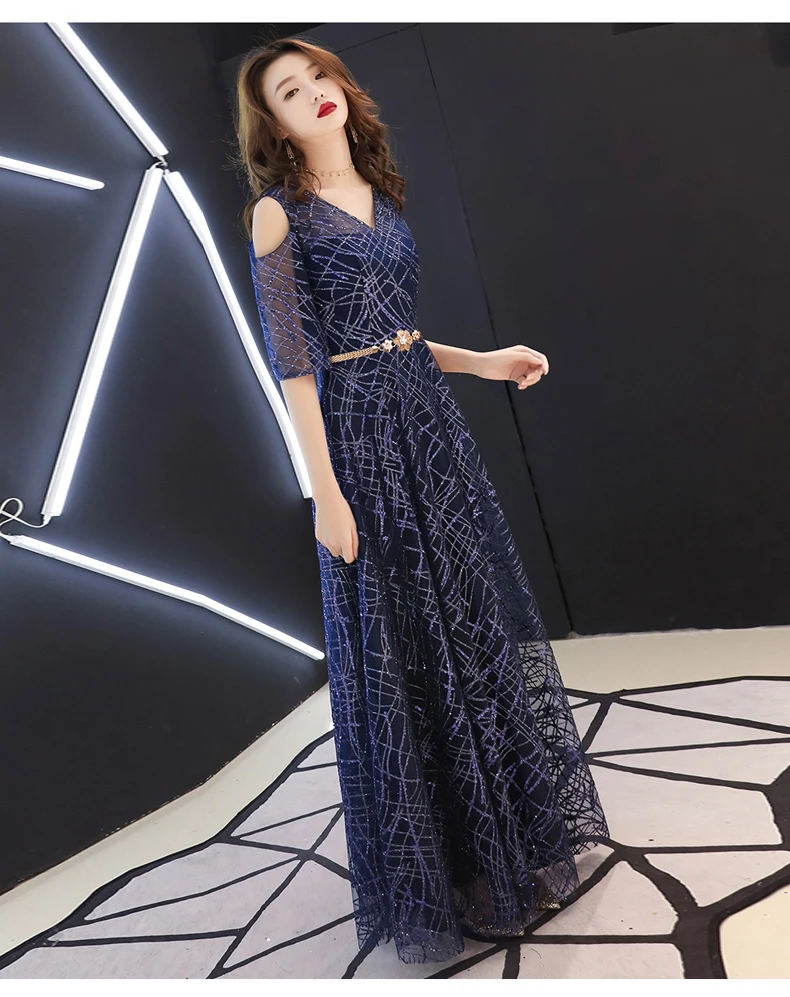 Современный хост Элегантные Длинные Cheongsam синие вечерние платья Qi Pao женское традиционное китайское платье Qipao Promoiton кружевное нарядное платье
