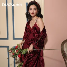 Пижамы женские pajams наборы новая одежда для сна с длинным рукавом Золотой Бархат сексуальные слинг и платья брюки 3 шт костюм домашняя одежда