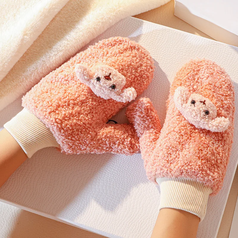 Korean Women Winter Plus Velvet Thick Knit Hanging Neck Outdoor Warm Cycling Mitten Cute Cartoon Dog Full Finger Plush Glove S36 8