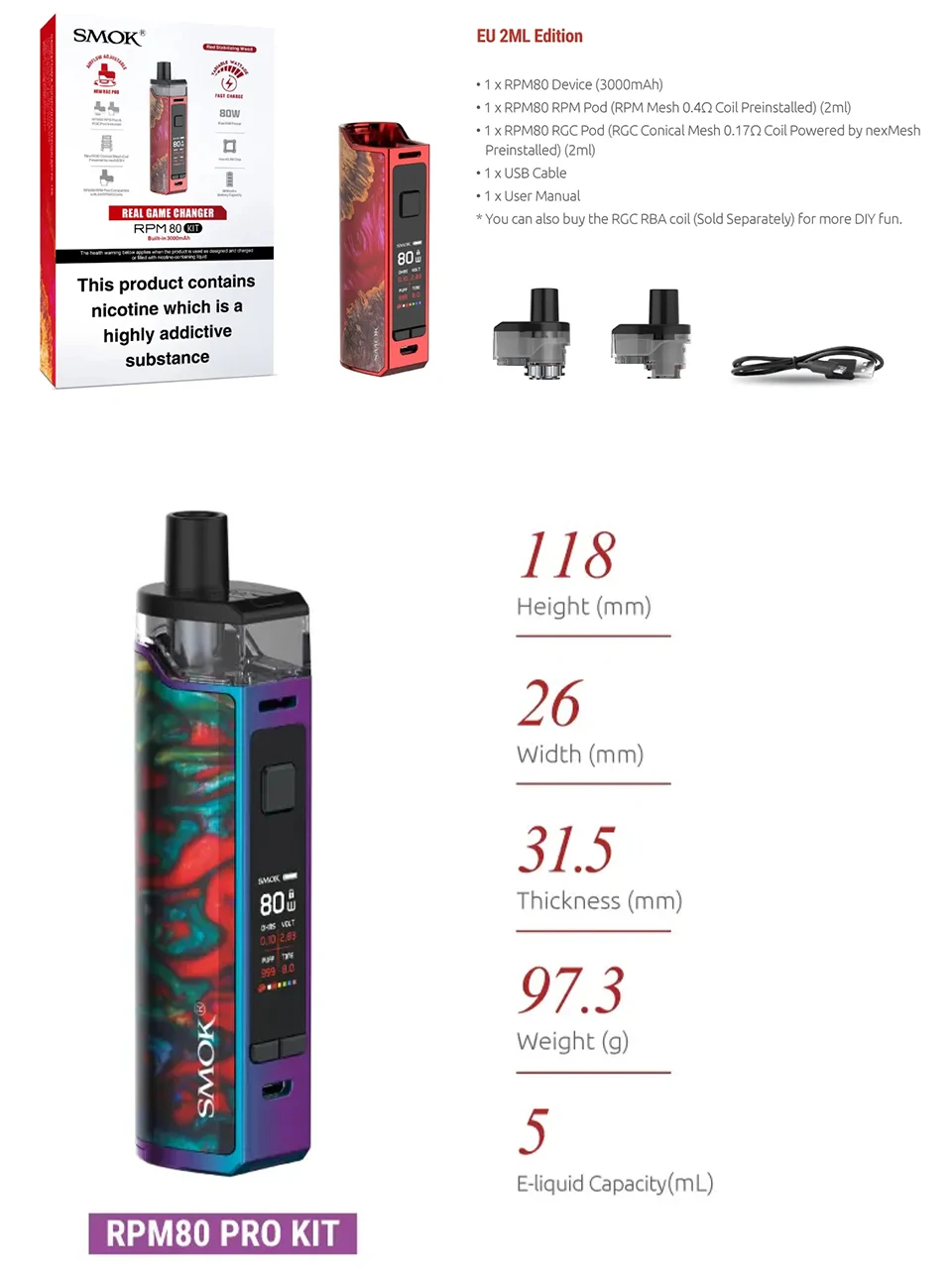 SMOK RPM80 Pro Pod Комплект питание с 5 мл стручки от одной батареи 18650 RPM80 RGC Pod электронная сигарета испаритель VS RPM80 RPM40