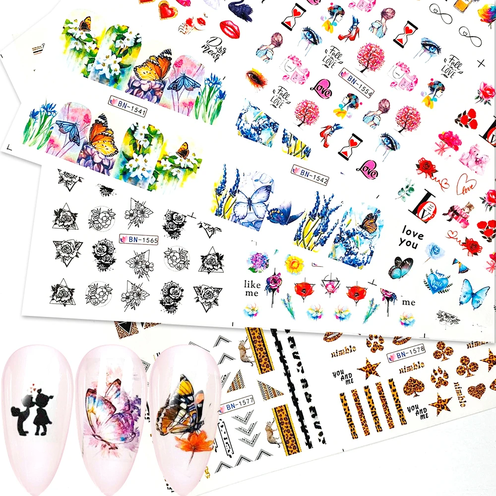 

Набор стикеров для ногтей, 48 шт., смешанный дизайн, Бабочка, цветок, леопард, наклейки на День святого Валентина, наклейки для татуировки, слайдер для дизайна ногтей, новое поступление