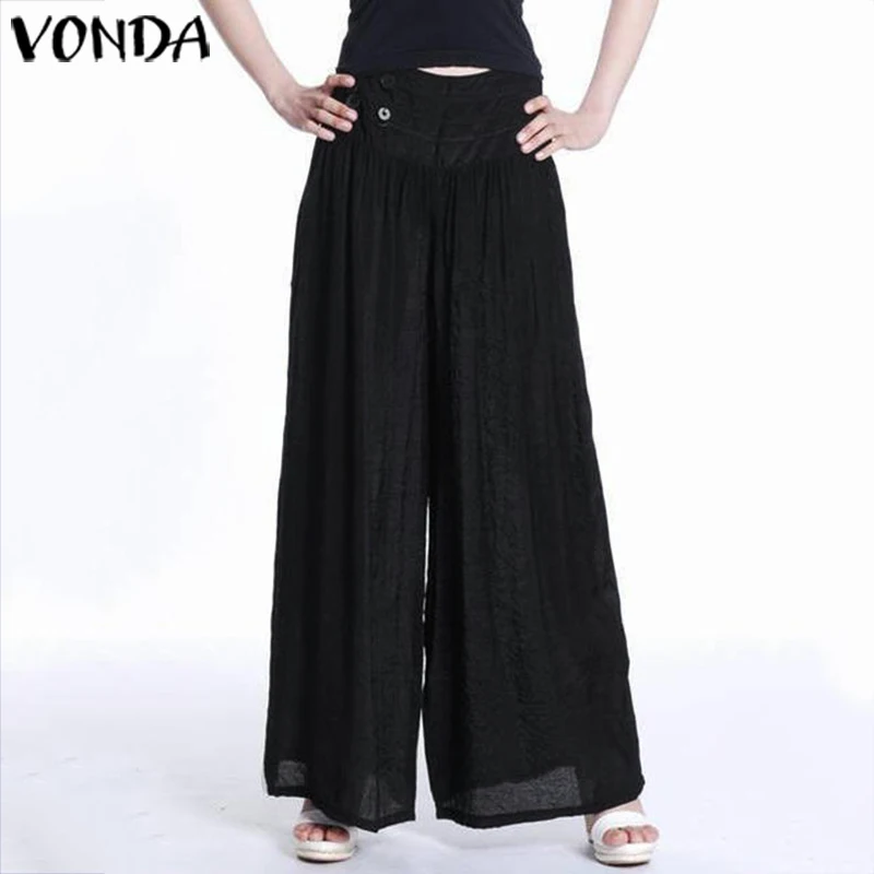 VONDA женские брюки с широкими штанинами весна лето женские винтажные плюс размер брюки с эластичной талией повседневные свободные однотонные брюки мешковатые