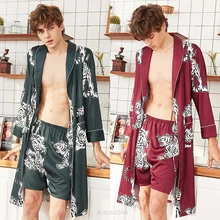 Men Summer Spring Silk Pajama Sets Plus Size Turn-Down Collar Sleep Tops Printing Two Pieces Male Homewear Pijama Pyjamas