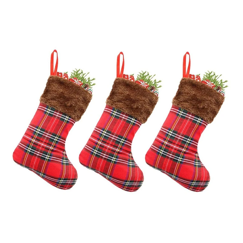 Christmas Stockings 12 Pack, Small Rustic Plaid Faux Fur Xmas Tree Decorations Bulk, Gift Card Holders Cash Bags Holiday Treats