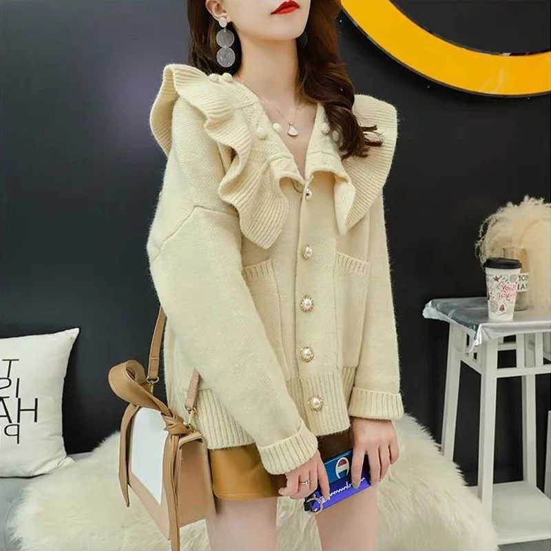 2019 Women Sweet Sweater Ruffle Collar Breasted Button Knitted Cardigan Candy Color Female Cardigans Jacket Knitwear |