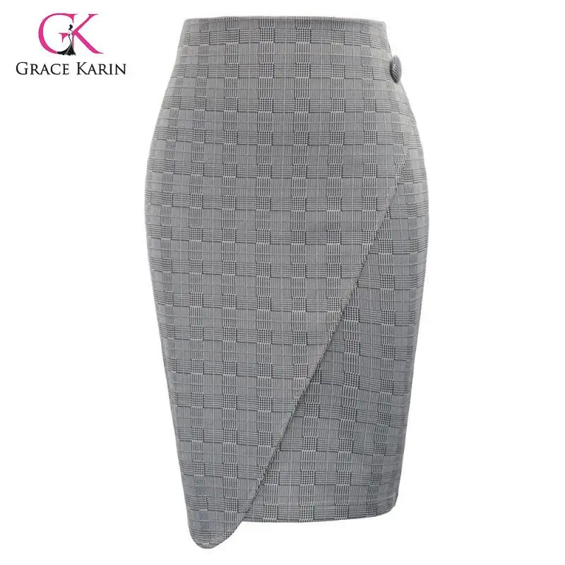 

Grace Karin Vintage Gingham Slit Pencil Skirt Business Women Casual Plaid Office Work Skirt High Waist Formal Bodycon Wrap Skirt