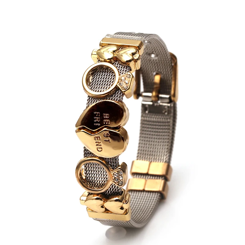 DINGLLY Two-tone Stainless Steel Mesh Bracelets For Women Men Love Heart Beaded 10mm Ribbon Mesh Bracelet & Bangle Gifts Bracelet Jewelry