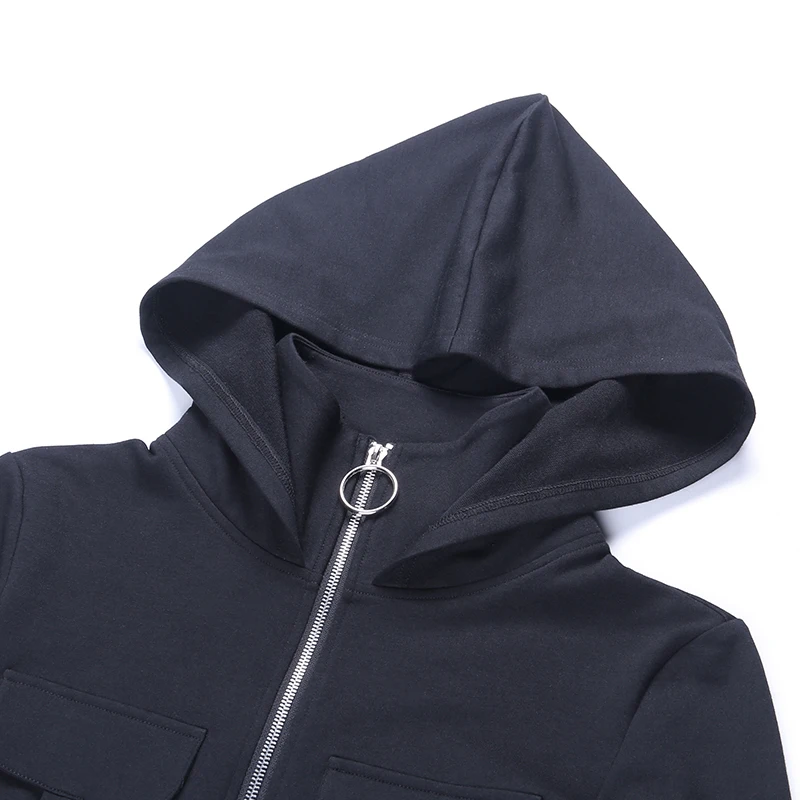 InsGoth Black Hooded Sweatshirts Women Coats Gothic Punk Zipper Material Chain Long Hoodies Pullover Streetwear Lady Long Hoodie
