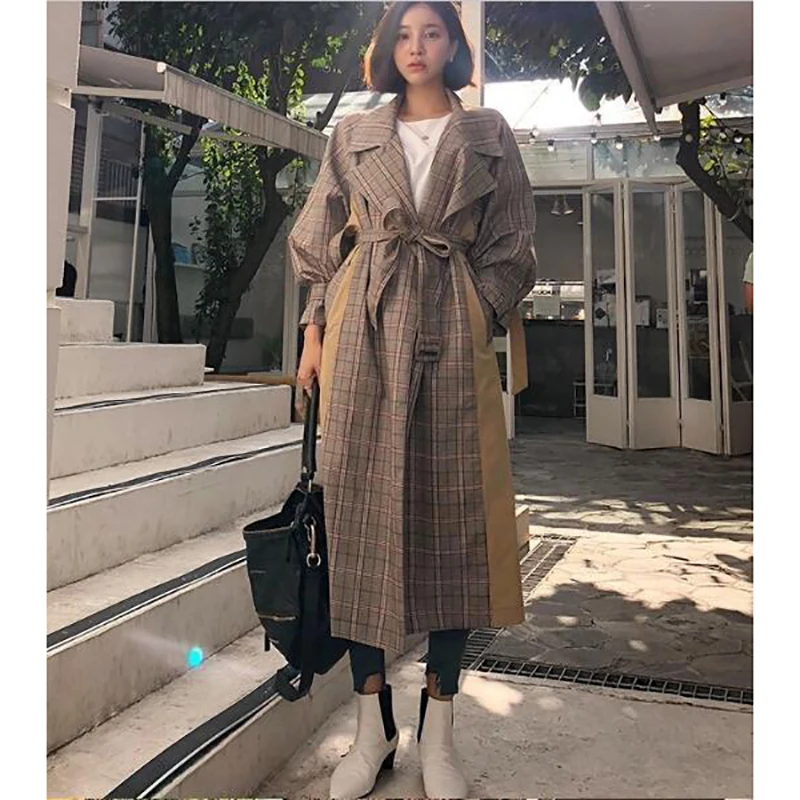 

Coats female Plaid Joint Windbreaker Oversized Puff sleeve Long Sobretudo Lace-up Coat