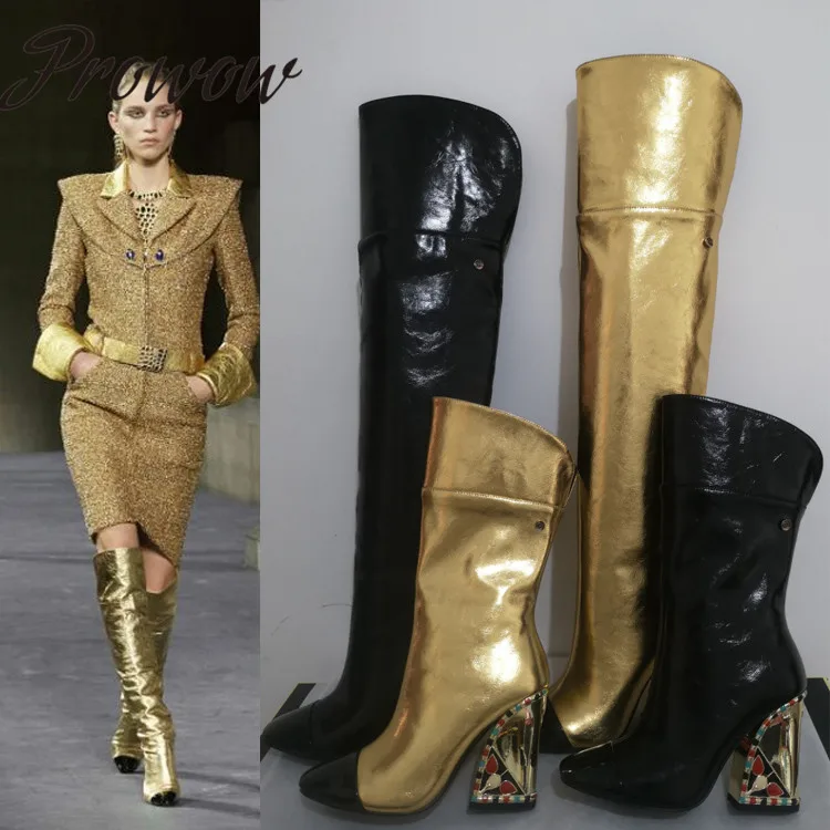 

Prowow New Black Gold Jewel Heel Moto Boots Round Toe Over The Knee HIgh Thigh High Boots Shoes Women