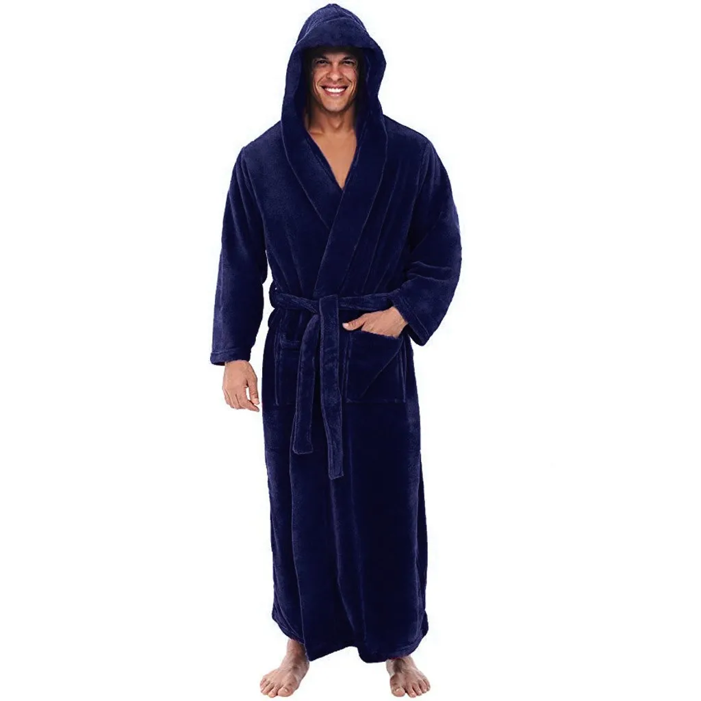 Мужская зимняя плюшевая удлиненная шаль, халат, домашняя одежда, халат с длинными рукавами, пальто, Модный повседневный мужской мягкий теплый халат, пальто - Цвет: Dark Blue