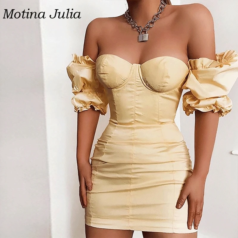 

Motina Julia 2019 off shoulder ruffle mini dress women sexy squre neck bodycon female vestidos