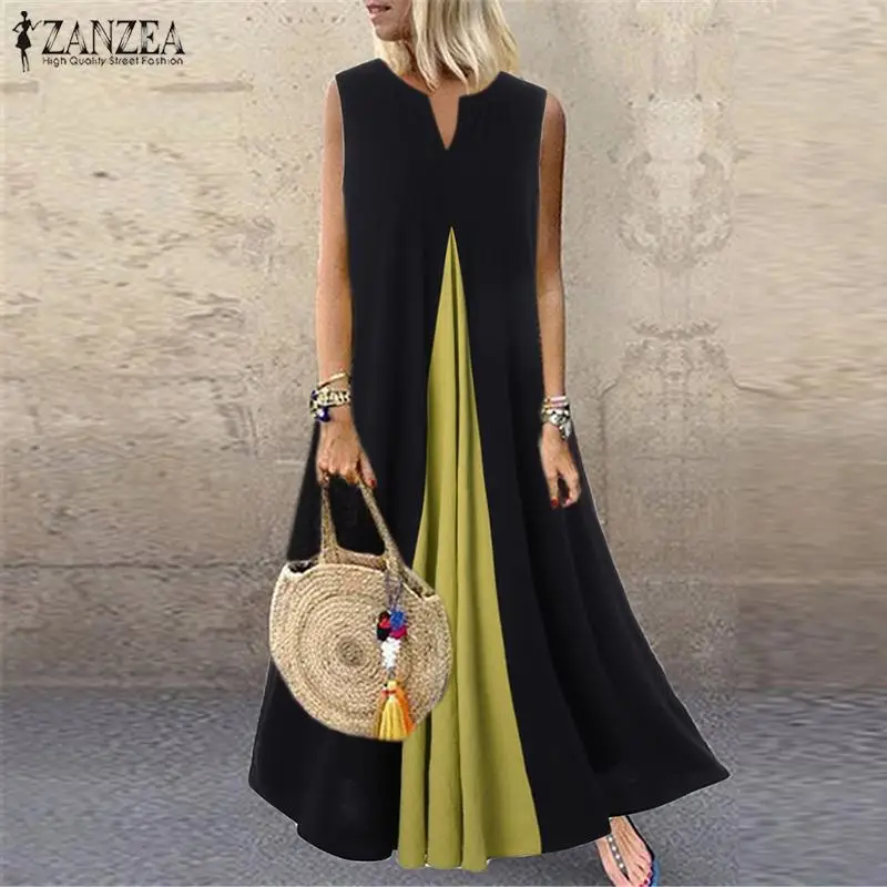 Najtaniej Plus Size ZANZEA kobiety lato bez rękawów patchwork sukienka w stylu Vintage pościel bawełniana Vestido szata Femme długi Sundress Kaftan sukienki 7