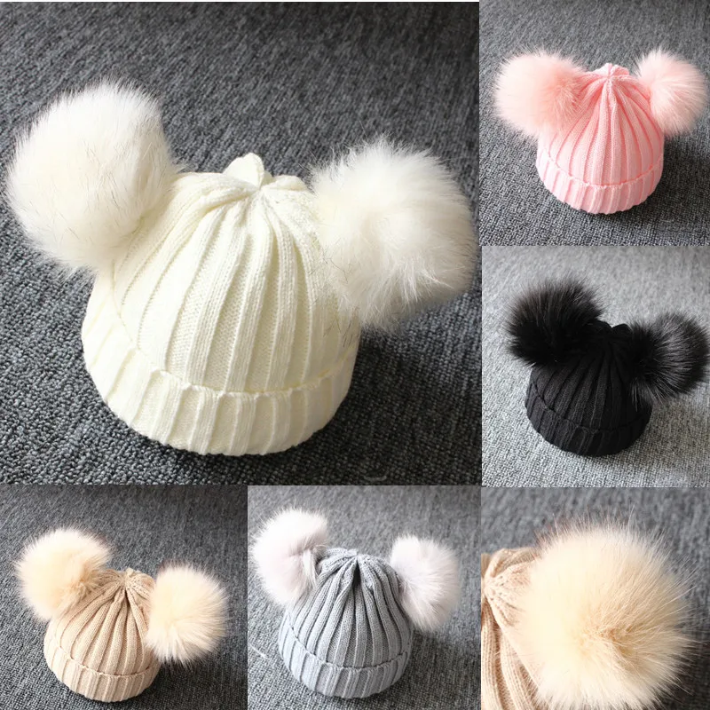 YELITE newst novo bebê recém-nascido criancha meninas meninos inverno quente malha Chapeu peludo bolas pompom sólida quente