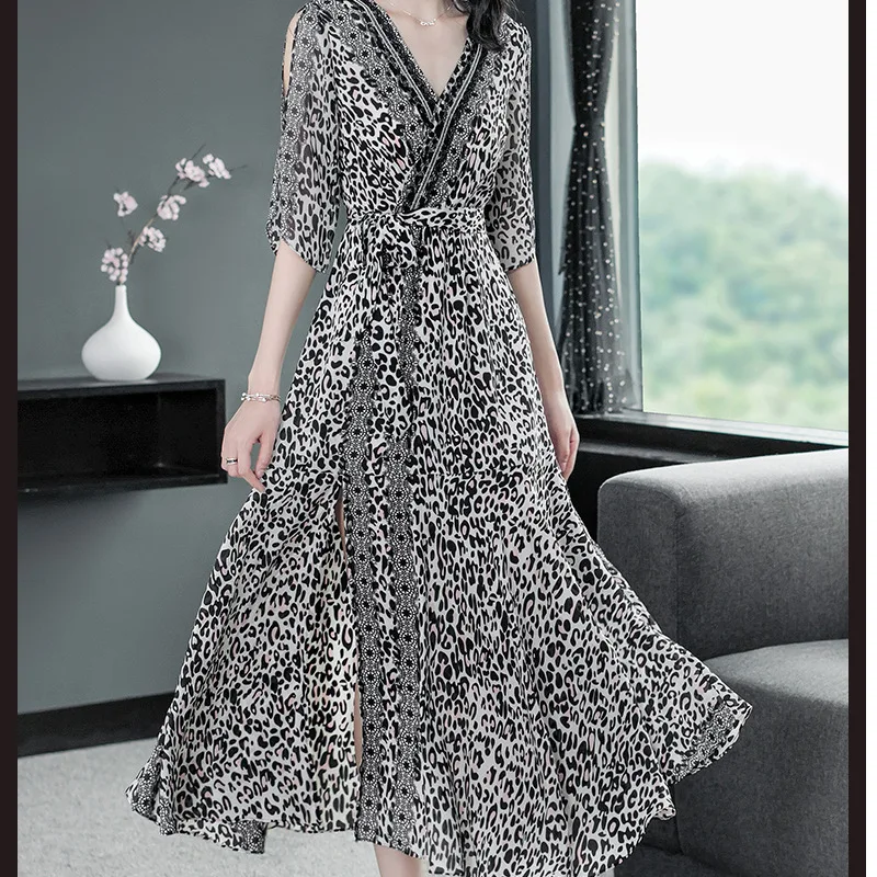 

2019 Summer New Style France Non-mainstream Chiffon Dress Leopord Pattern-Elegant Mid-length Skirt WOMEN'S Black