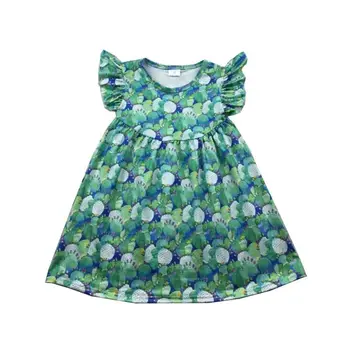 

high quality cactus printed green pearl dress baby girl summer cute dress