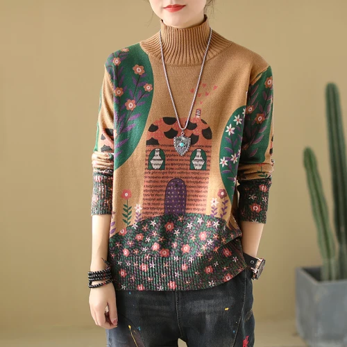 CAMEL Sweaters Стиль, винтажный свитер с принтом, Женский Повседневный Свободный пуловер, Женский Топ, водолазка, вязаный свитер, женские пуловеры для женщин - Цвет: CAMEL Sweaters