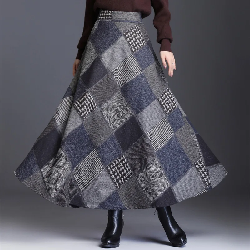 

2019 Autumn & Winter Woolen Skirt Women's Mid-length Slimming High-waisted Plaid Swinging Skirt Thick A- line Full Skirt