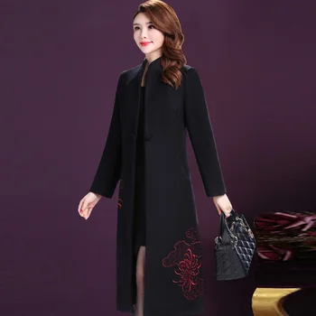 

Autumn Winter New Chinese Wind Hand Embroidered Simple Inclined Pocket Designs Woman Slim Female Wool Overcoat Plus Size