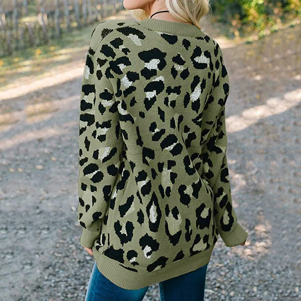 Jaycosin Fashion Casual Lady Leopard Sweater Chic Stylish Comfortable Soft Elegant Loose V-Neck Fit Tops Blouse sweater