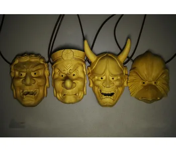 

XS074-6 CM Hand Carved Boxwood Carving Japanese Mask Netsuke Home Decor -Exorcism Necklace Pendant Prajna Tiangou Statue