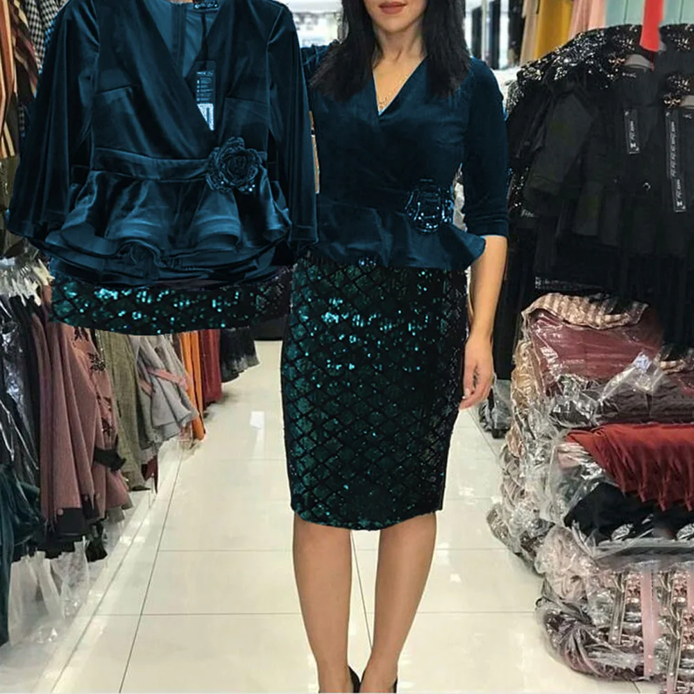 Vintage Two Piece Set Elegant Solid Velvet Tops and Sequins Plaid Skirt Women Sets Office Ladies Party Dinner Suits Plus Size